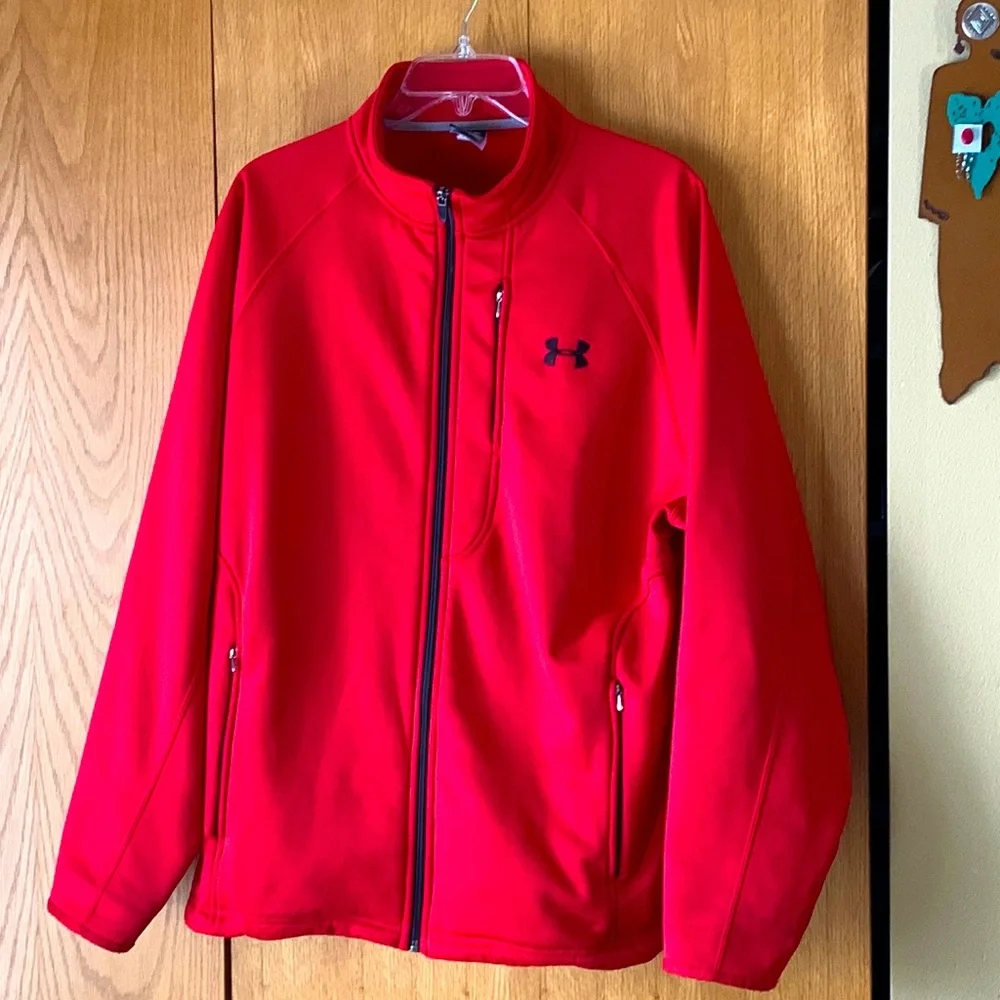 Under Armour LARGE men’s warm red fleece lined full zip jacket stand collar VGUC